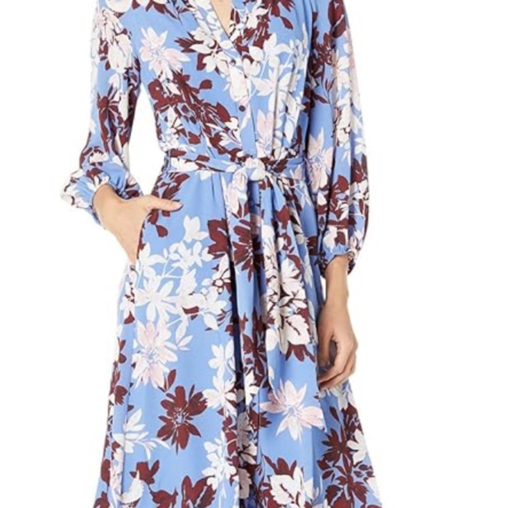 Vince Camuto Blue and Brown Floral Long Sleeve Dress